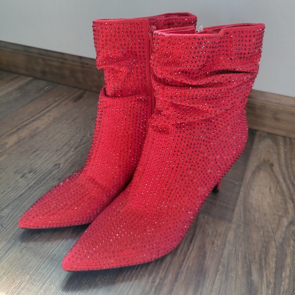 NINE WEST Red Dazzle Rhinestone Booties Size 8 Bling Stiletto Ankle Boots NEW